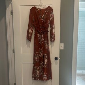 SHEIN Rust Floral Long Sleeve Dress